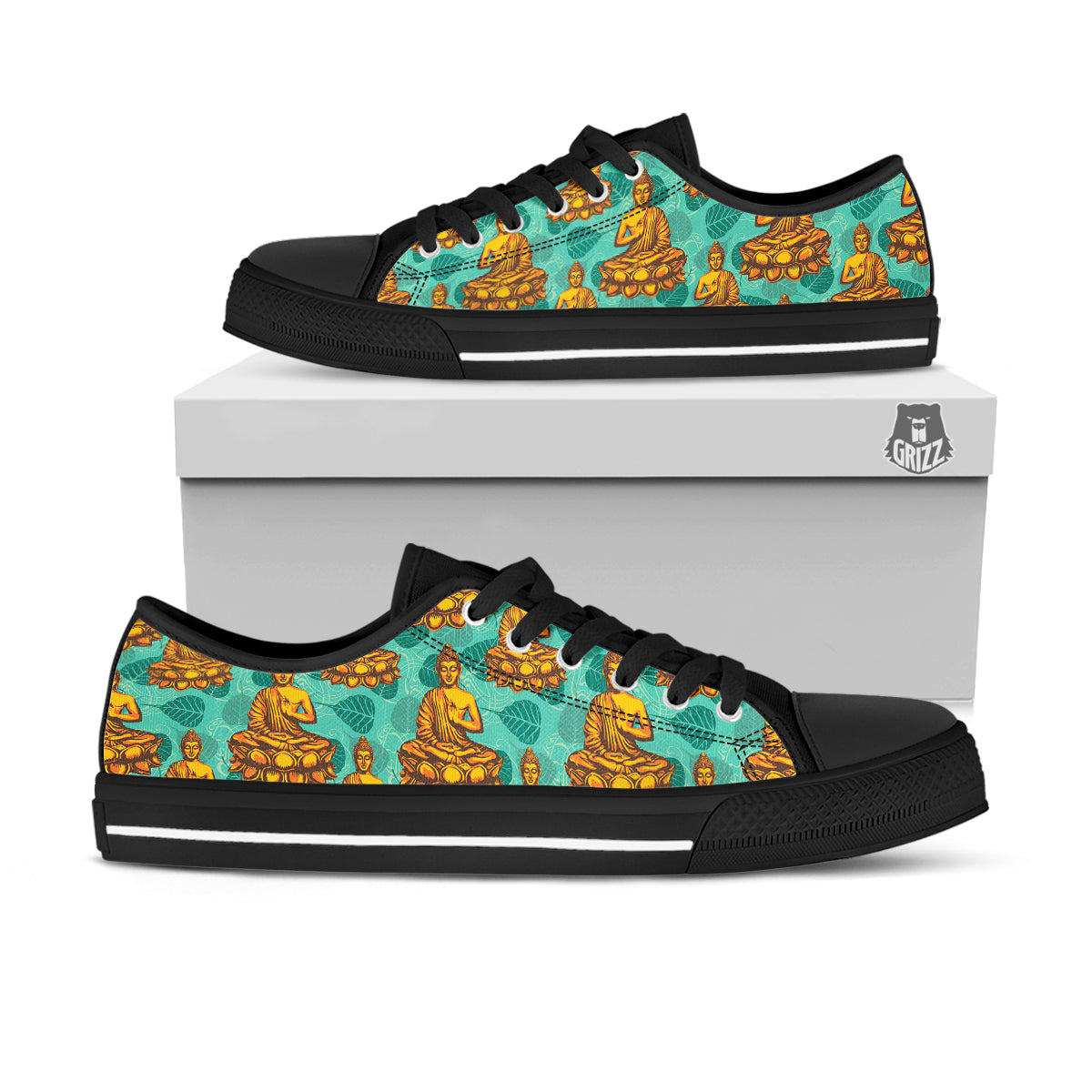 Buddha Sits On The Leaf Print Pattern Black Low Top Shoes-grizzshop