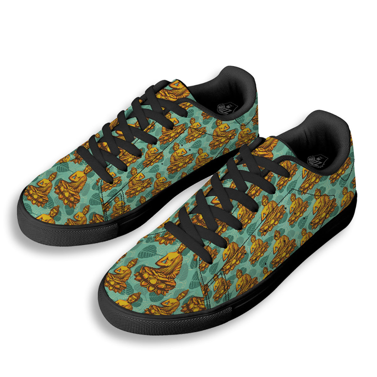 Buddha Sits On The Leaf Print Pattern Black Low Top Sneakers-grizzshop
