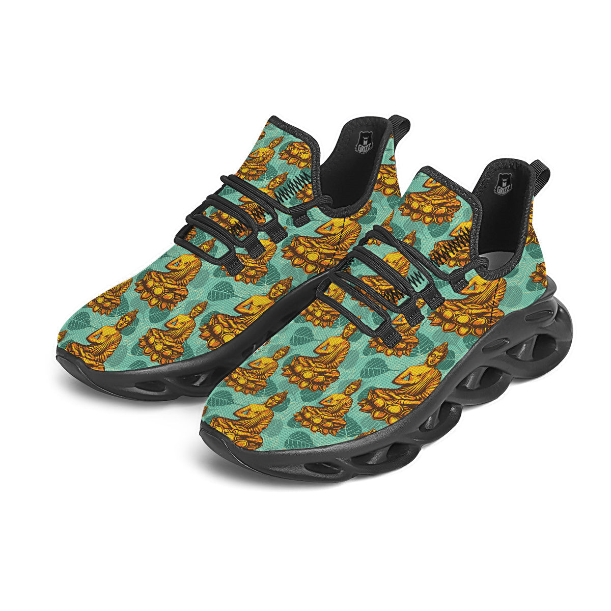 Buddha Sits On The Leaf Print Pattern Black Running Shoes-grizzshop