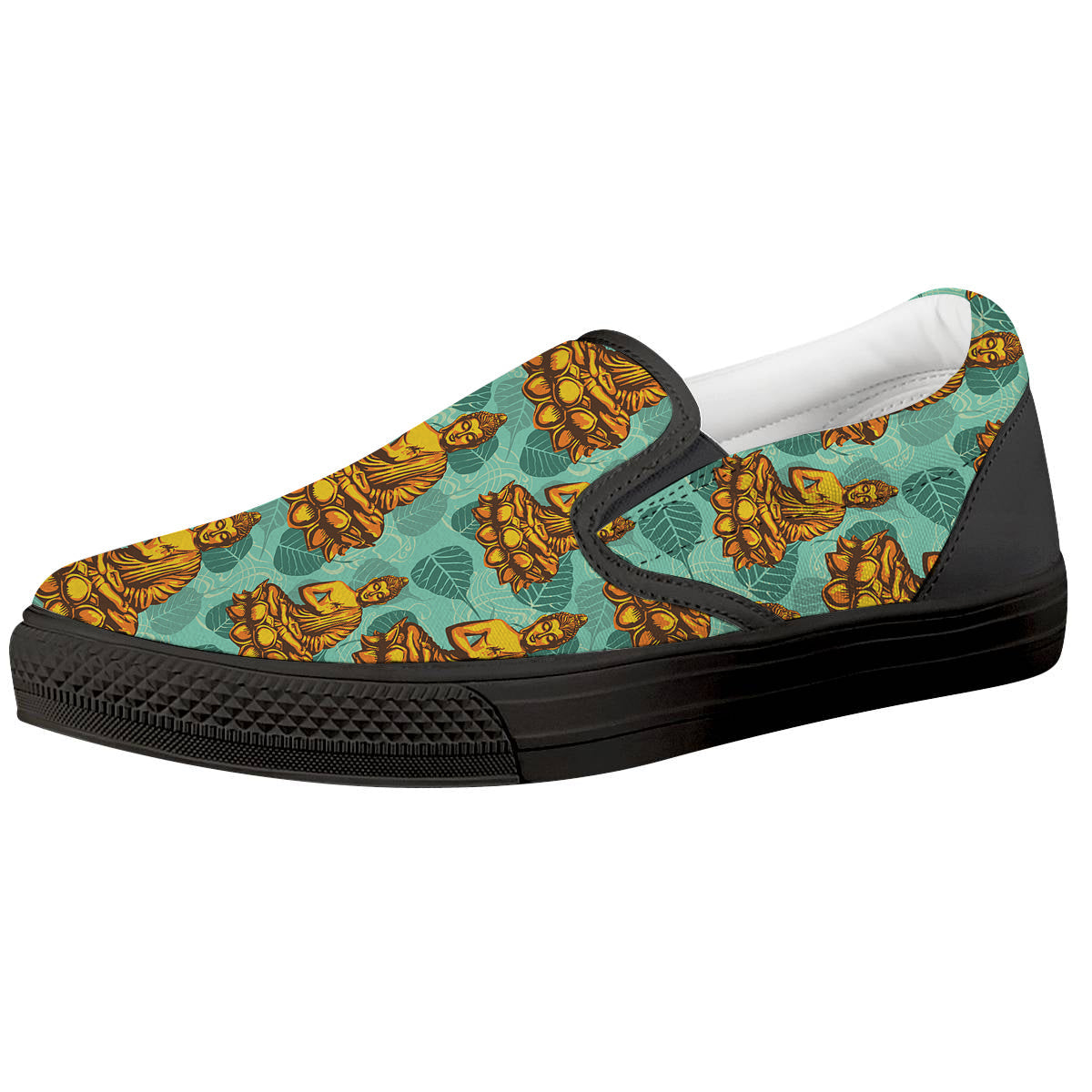 Buddha Sits On The Leaf Print Pattern Black Slip On Shoes-grizzshop