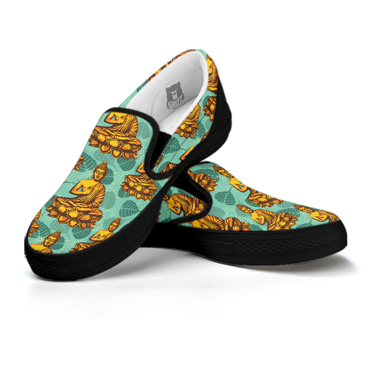 Buddha Sits On The Leaf Print Pattern Black Slip On Shoes-grizzshop