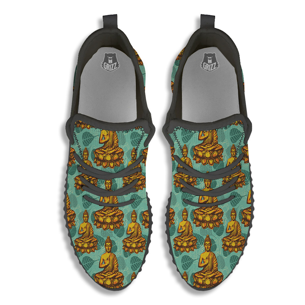 Buddha Sits On The Leaf Print Pattern Black Walking Shoes-grizzshop