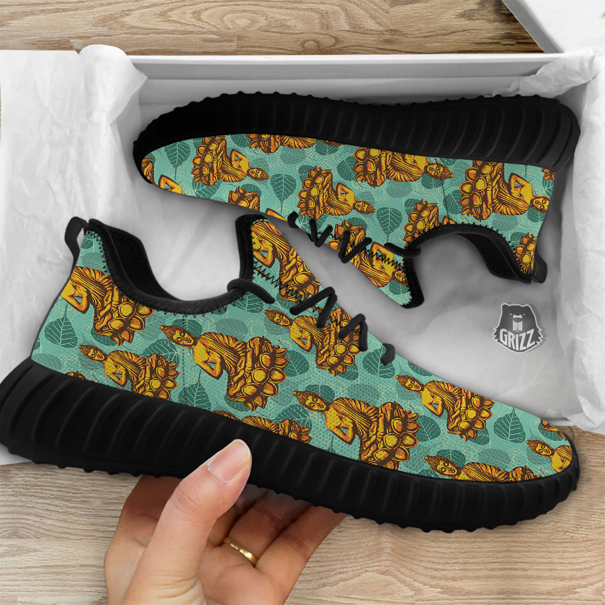Buddha Sits On The Leaf Print Pattern Black Walking Shoes-grizzshop