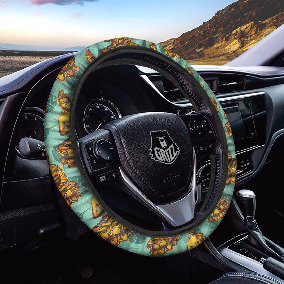 Buddha Sits On The Leaf Print Pattern Car Steering Wheel Cover-grizzshop