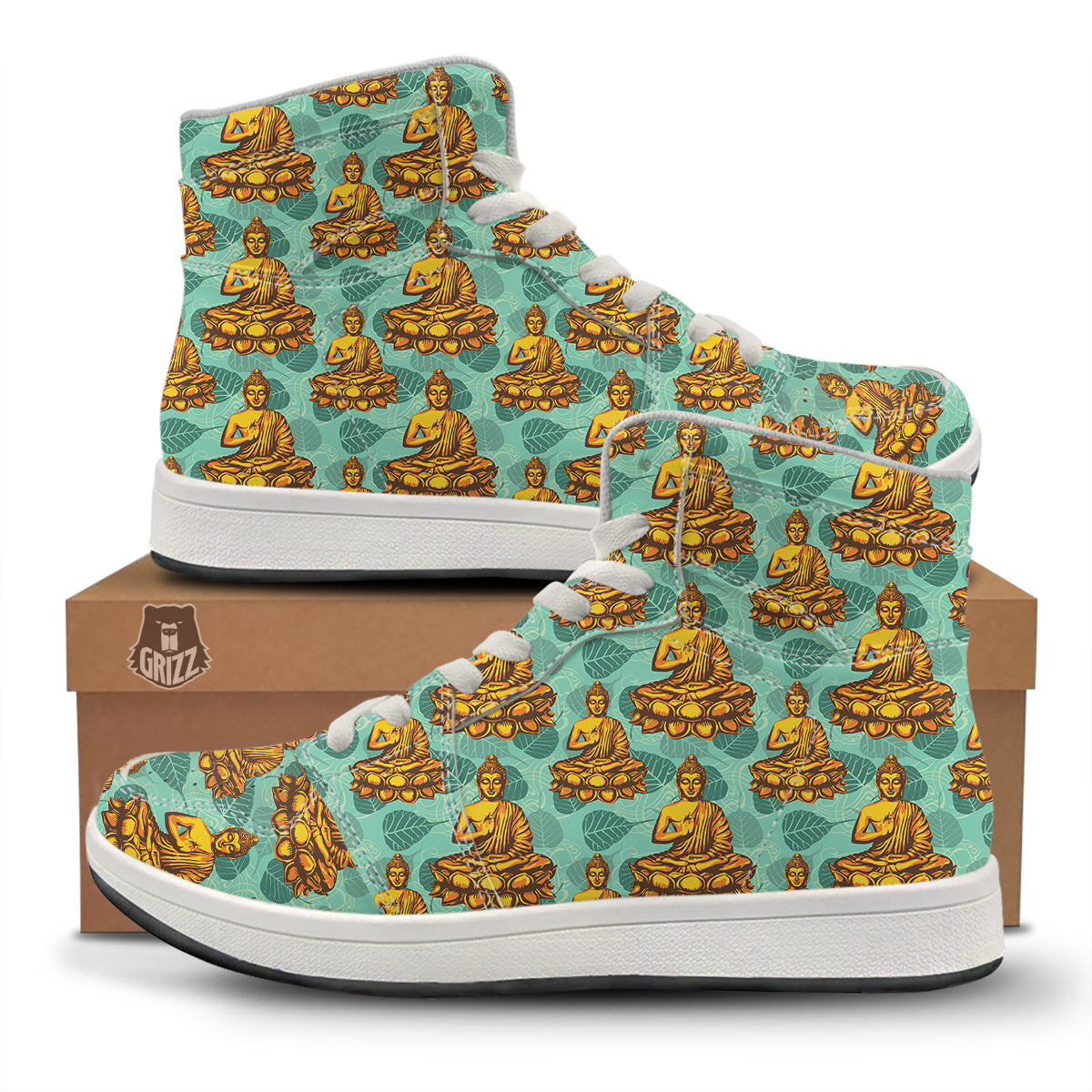 Buddha Sits On The Leaf Print Pattern High Top Sneakers-grizzshop