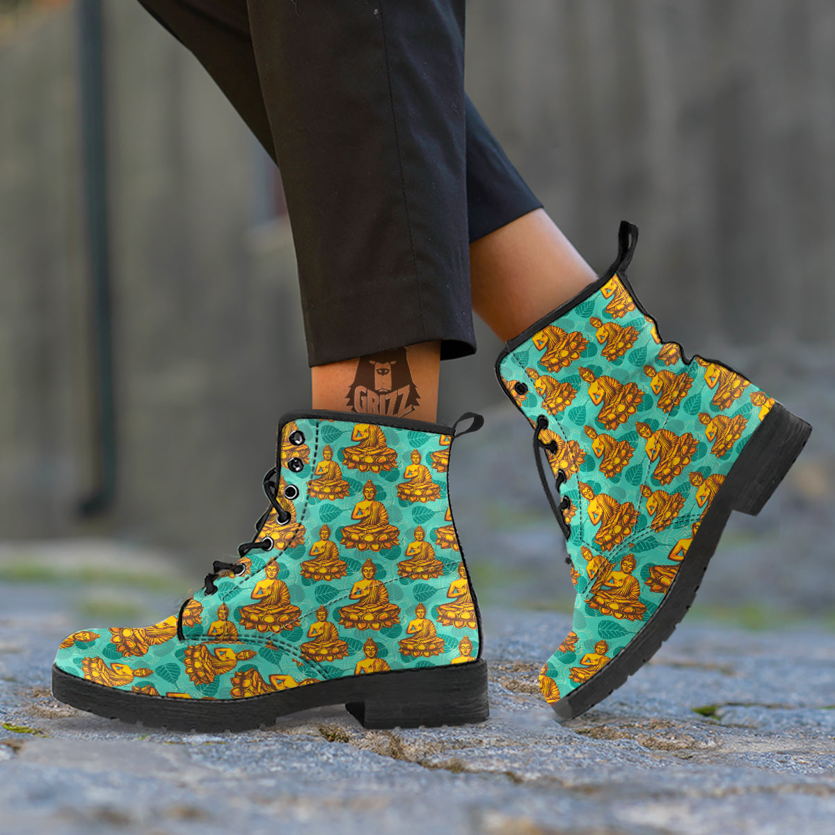 Buddha Sits On The Leaf Print Pattern Leather Boots-grizzshop