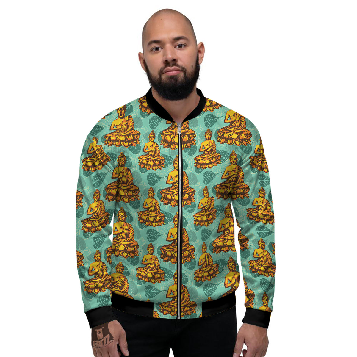Buddha Sits On The Leaf Print Pattern Men's Bomber Jacket-grizzshop