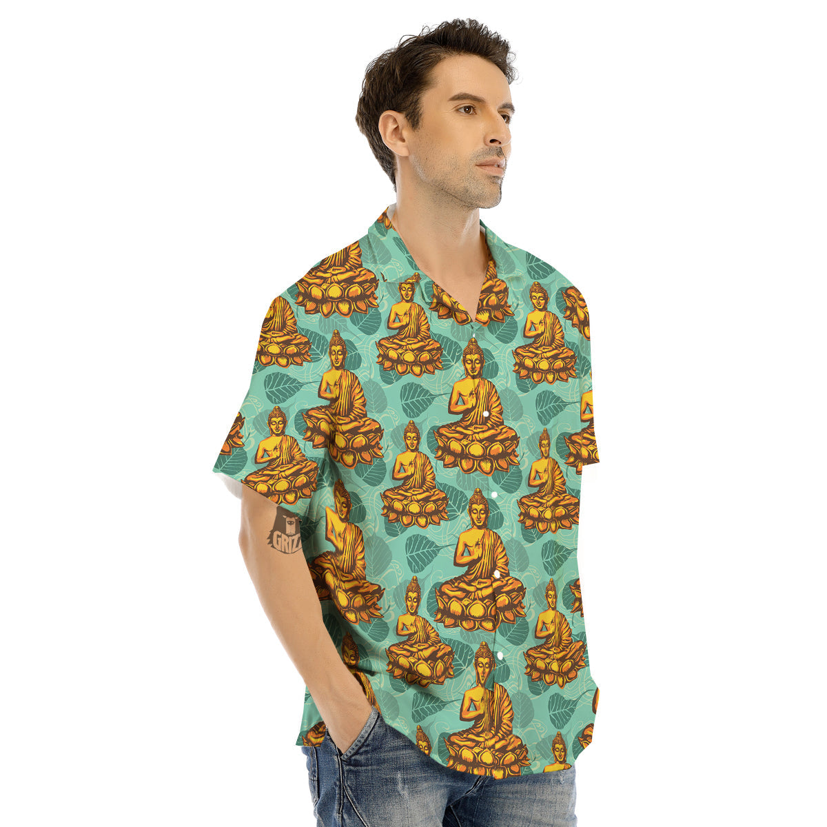 Buddha Sits On The Leaf Print Pattern Men's Hawaiian Shirt-grizzshop