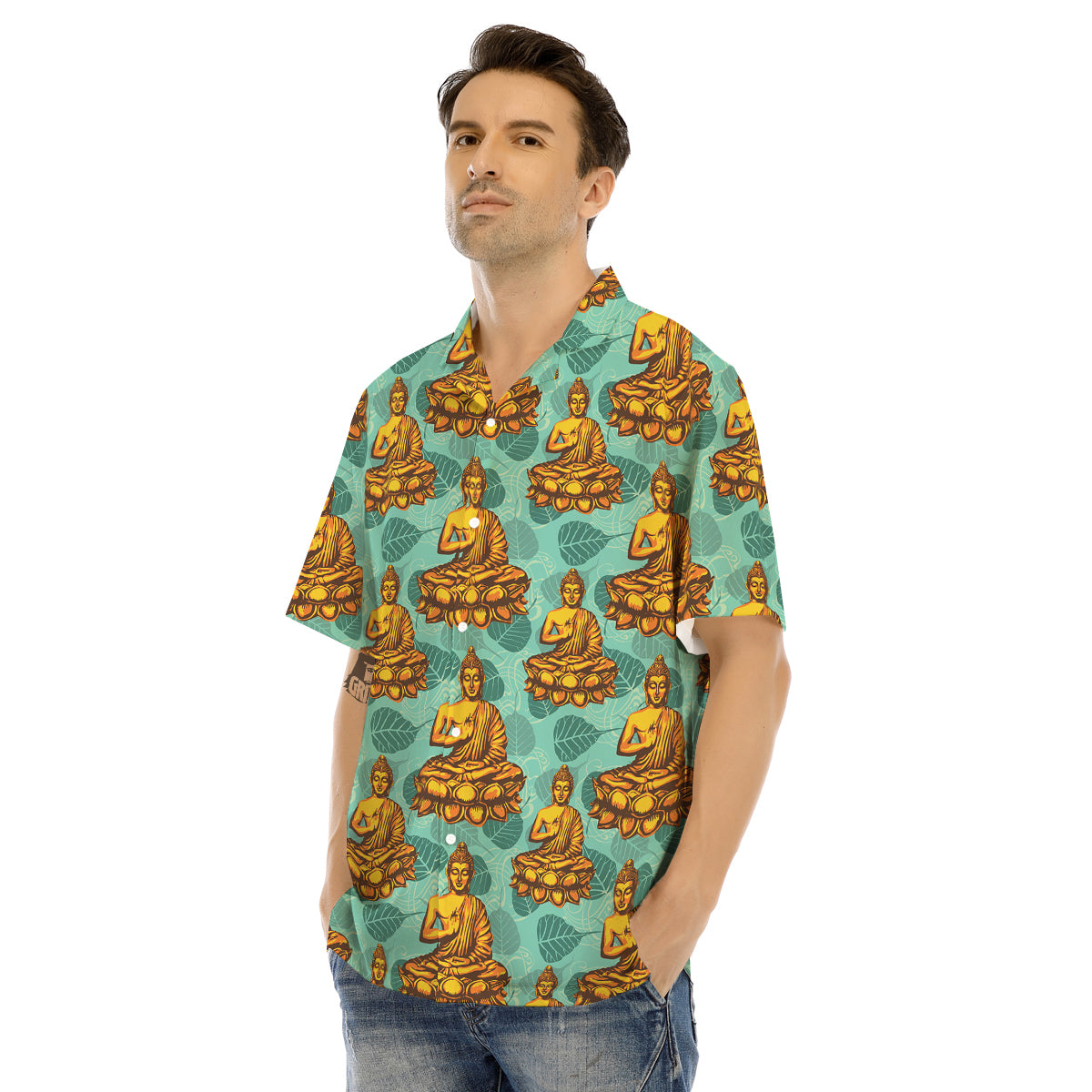 Buddha Sits On The Leaf Print Pattern Men's Hawaiian Shirt-grizzshop