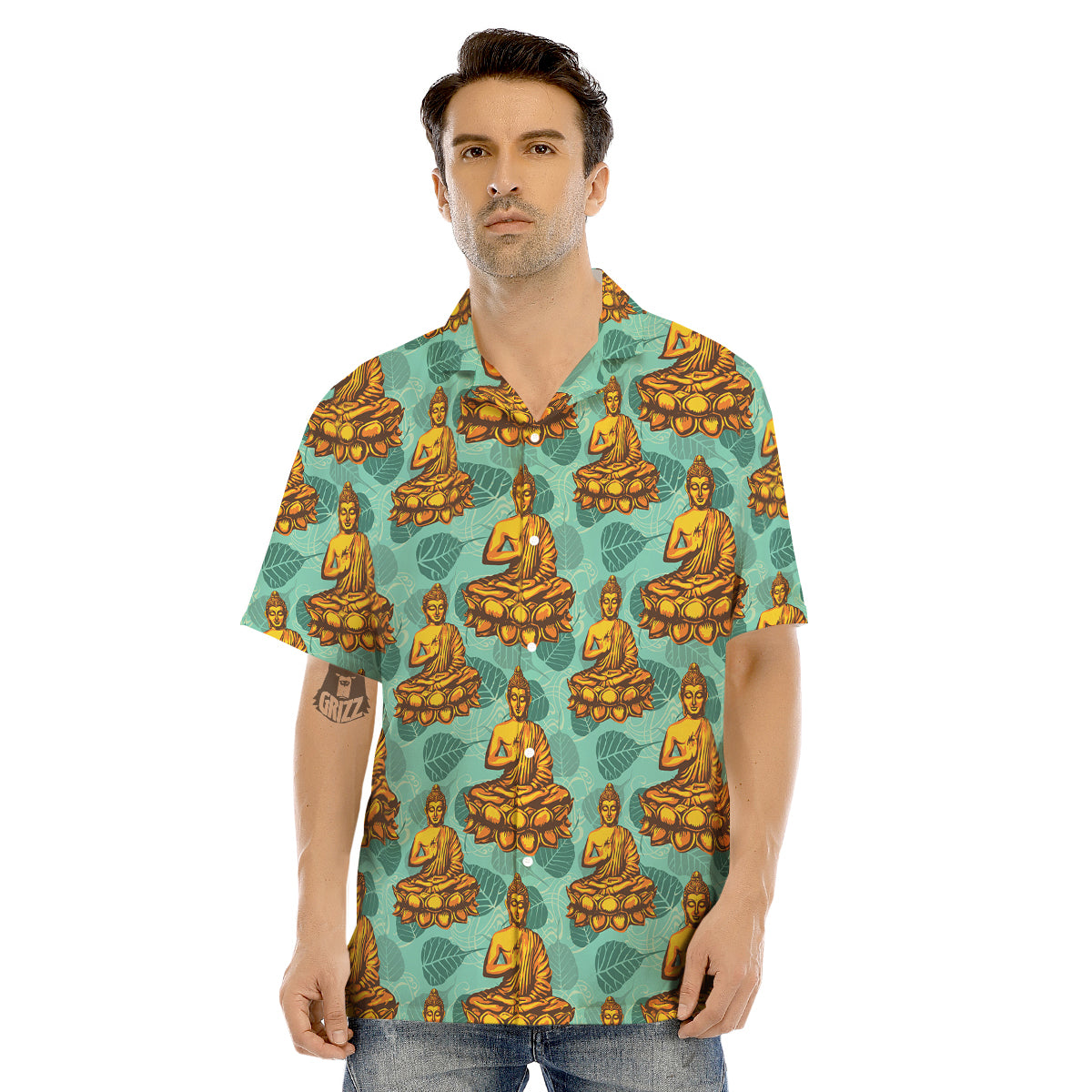 Buddha Sits On The Leaf Print Pattern Men's Hawaiian Shirt-grizzshop