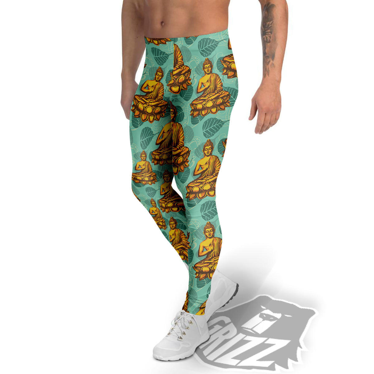 Buddha Sits On The Leaf Print Pattern Men's Leggings-grizzshop
