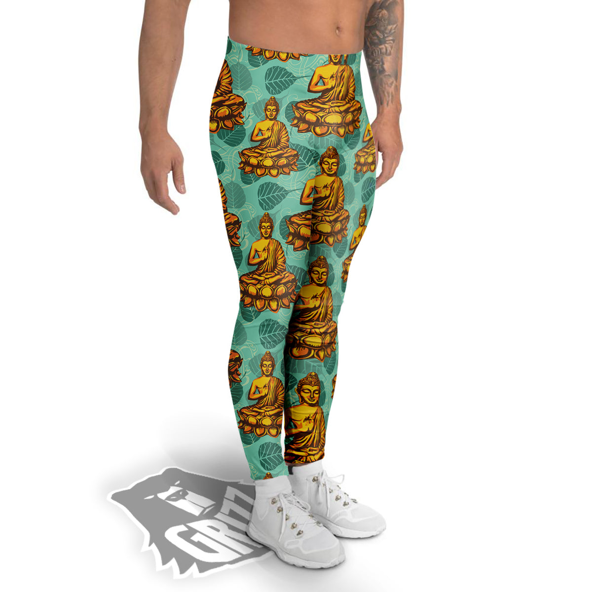 Buddha Sits On The Leaf Print Pattern Men's Leggings-grizzshop
