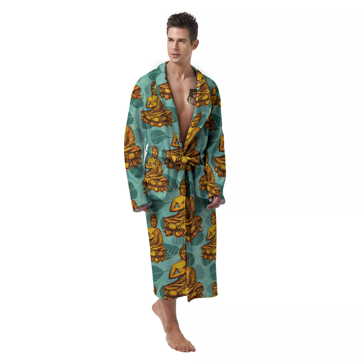 Buddha Sits On The Leaf Print Pattern Men's Robe-grizzshop