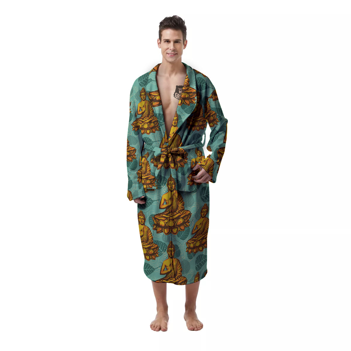 Buddha Sits On The Leaf Print Pattern Men's Robe-grizzshop