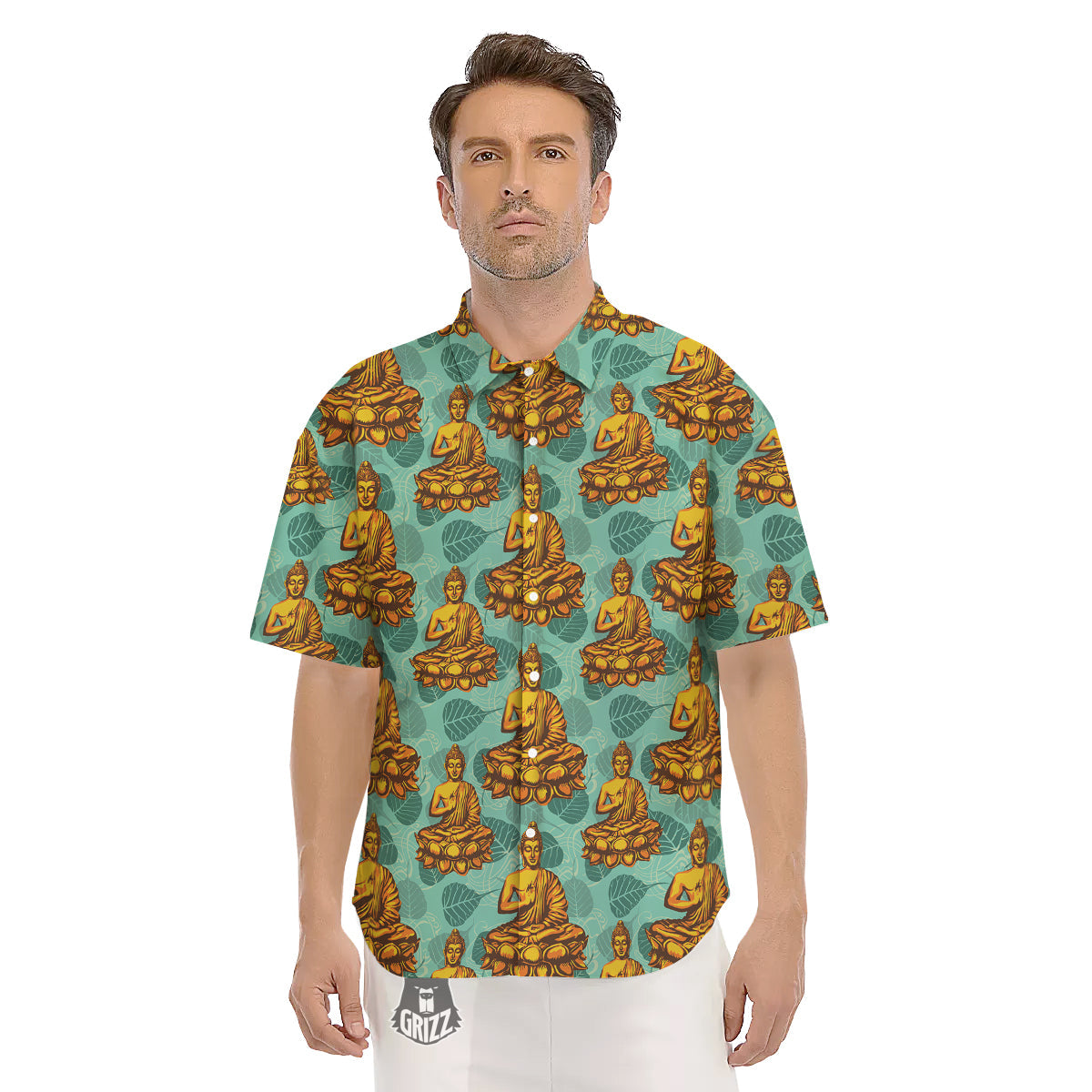 Buddha Sits On The Leaf Print Pattern Men's Short Sleeve Shirts-grizzshop