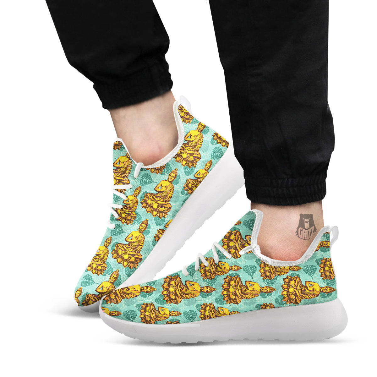 Buddha Sits On The Leaf Print Pattern White Athletic Shoes-grizzshop