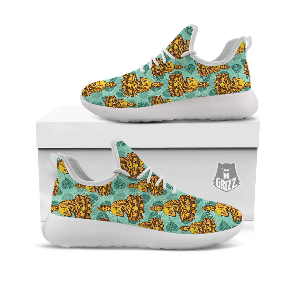 Buddha Sits On The Leaf Print Pattern White Athletic Shoes-grizzshop