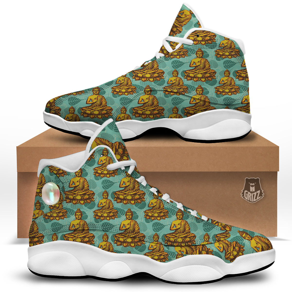 Buddha Sits On The Leaf Print Pattern White Basketball Shoes-grizzshop