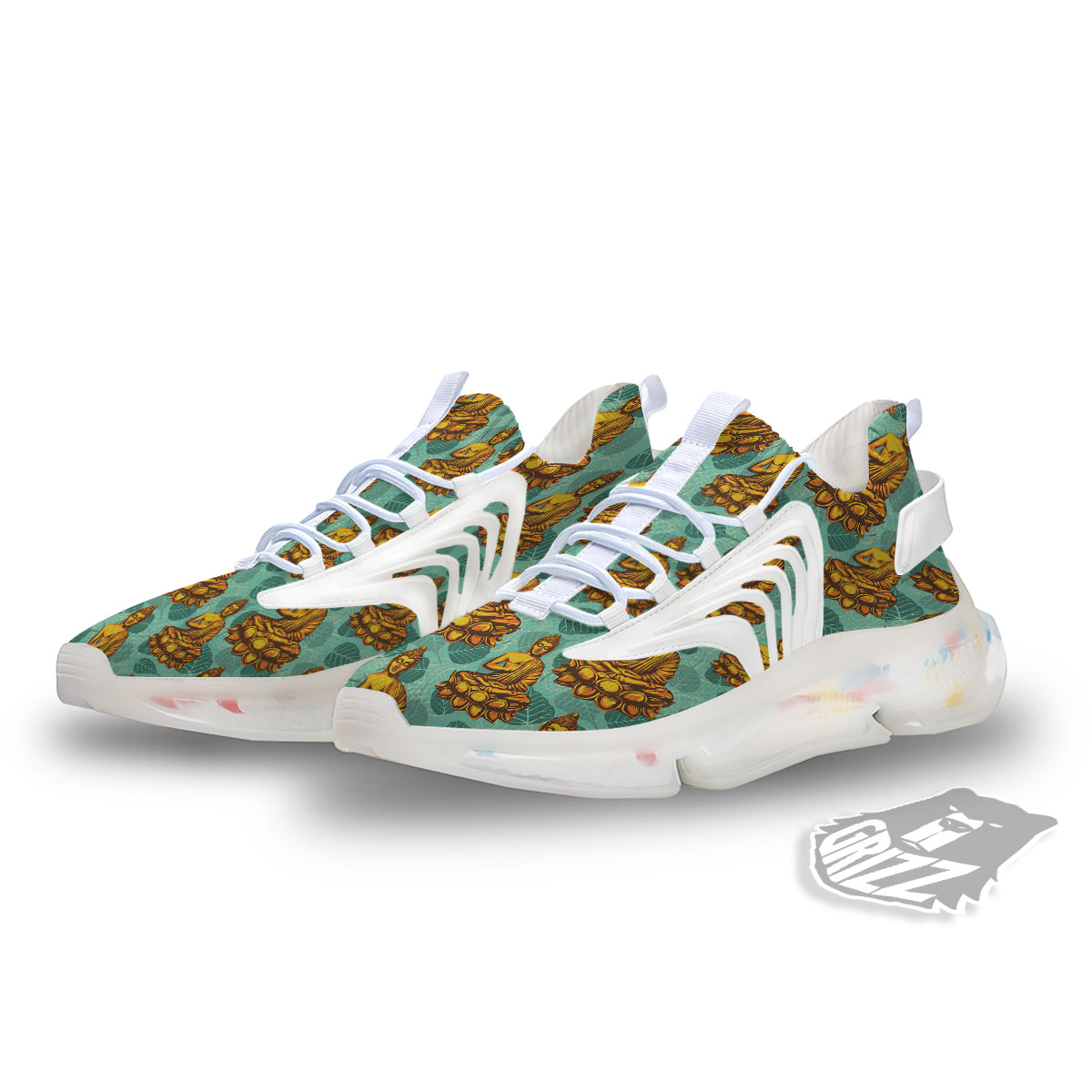 Buddha Sits On The Leaf Print Pattern White Gym Shoes-grizzshop