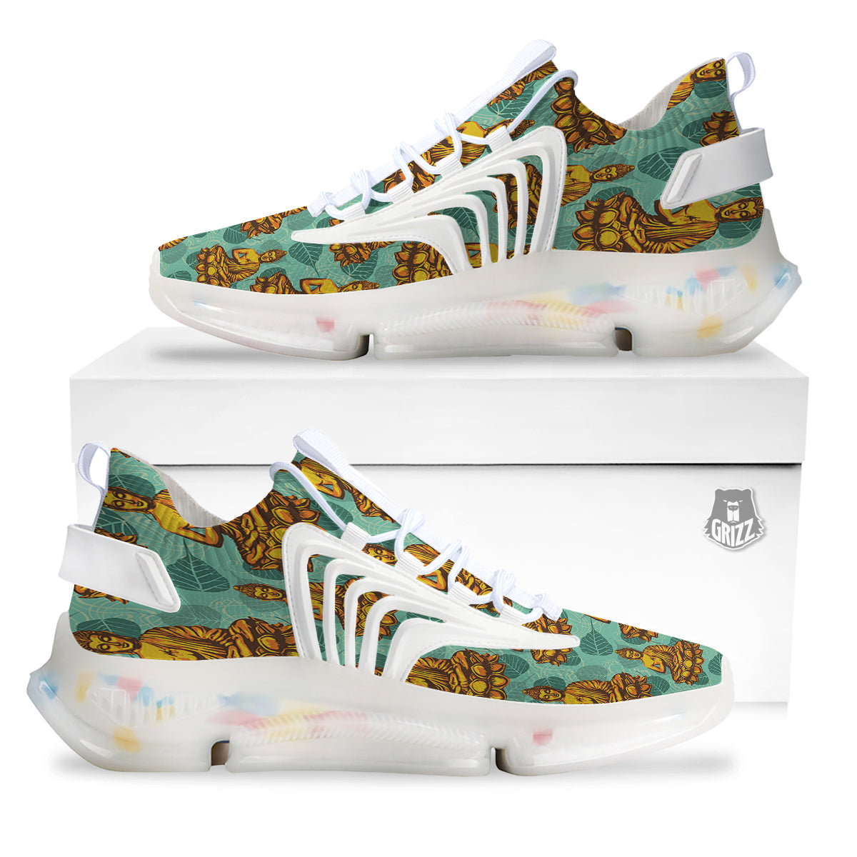 Buddha Sits On The Leaf Print Pattern White Gym Shoes-grizzshop