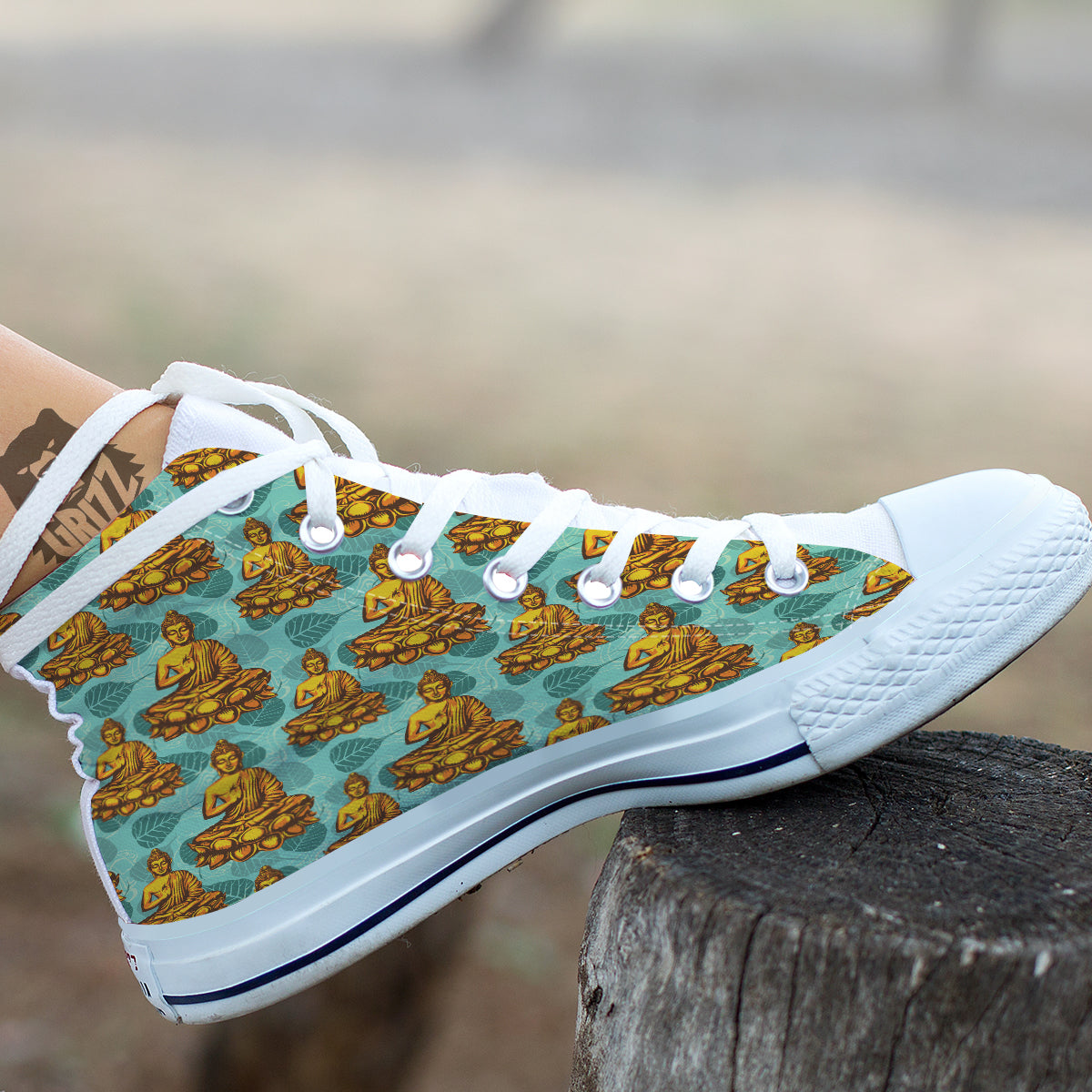 Buddha Sits On The Leaf Print Pattern White High Top Shoes-grizzshop