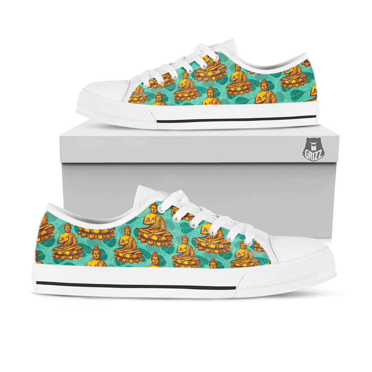 Buddha Sits On The Leaf Print Pattern White Low Top Shoes-grizzshop