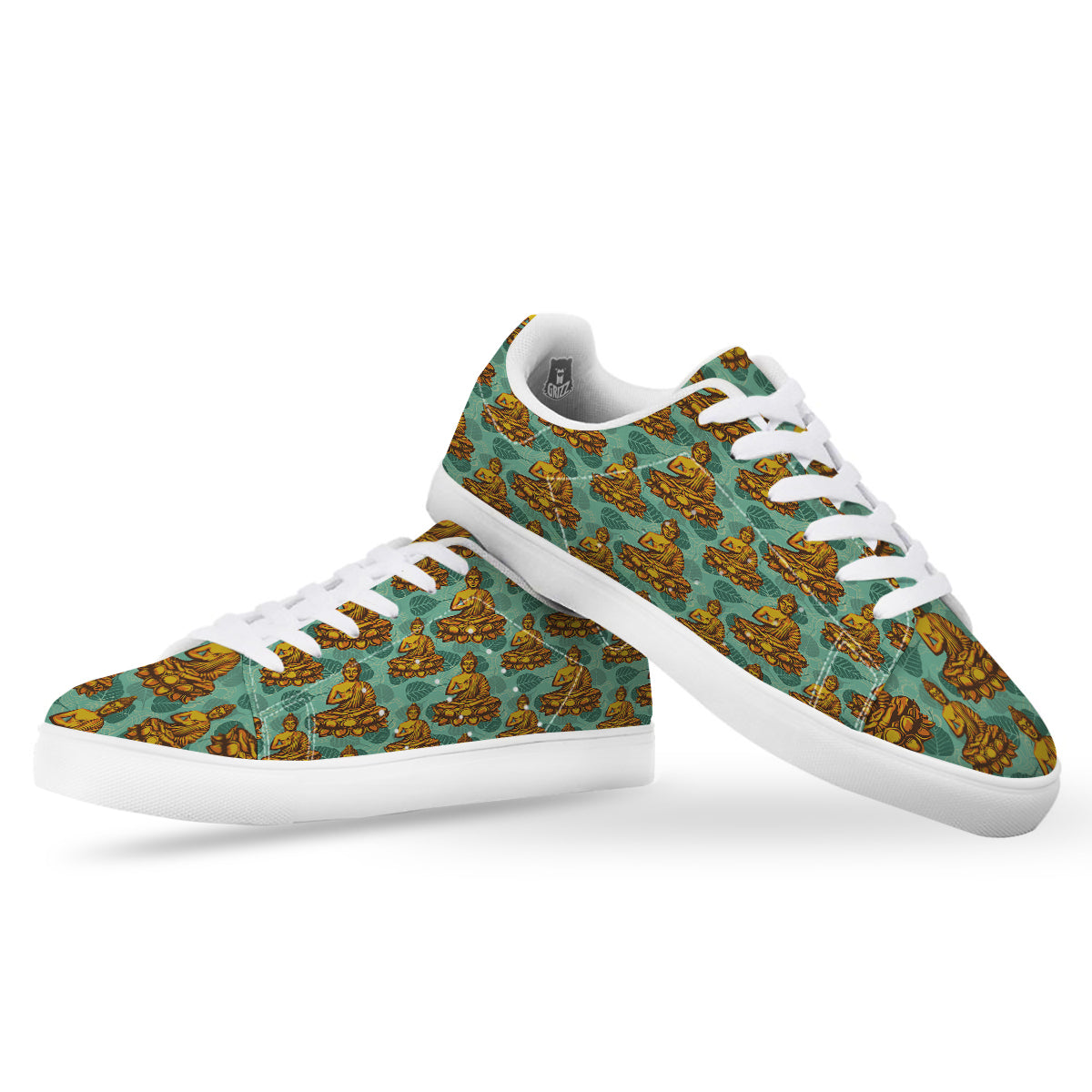 Buddha Sits On The Leaf Print Pattern White Low Top Sneakers-grizzshop