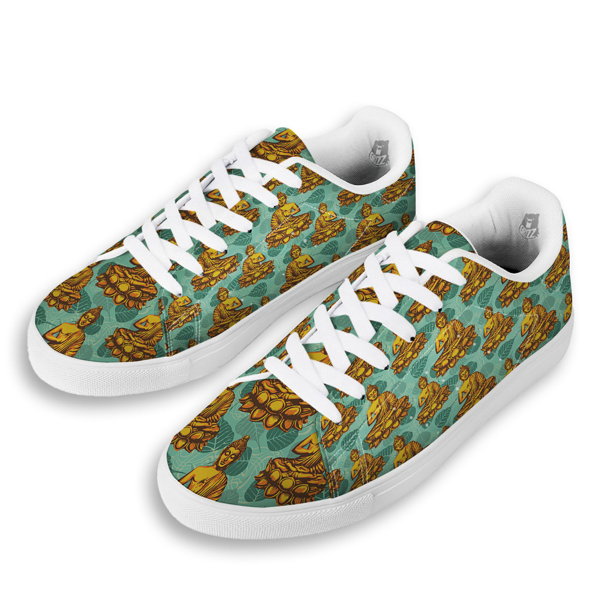 Buddha Sits On The Leaf Print Pattern White Low Top Sneakers-grizzshop