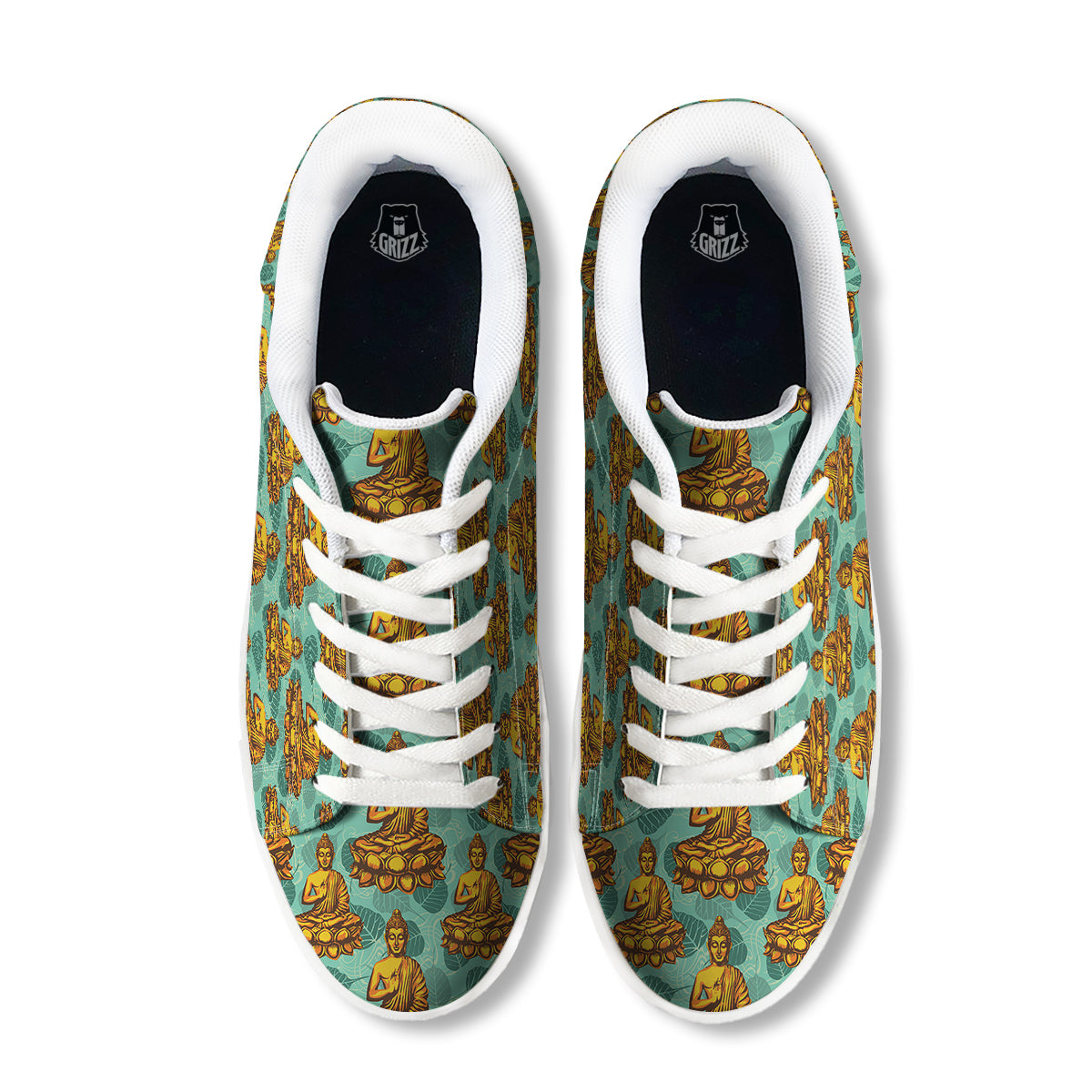 Buddha Sits On The Leaf Print Pattern White Low Top Sneakers-grizzshop