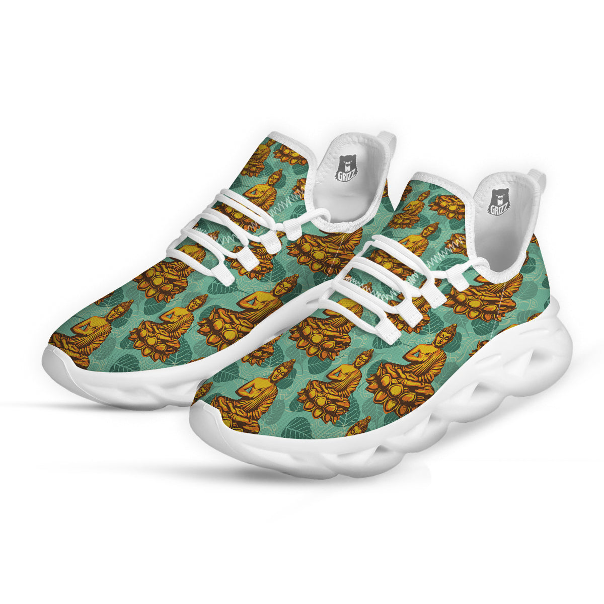 Buddha Sits On The Leaf Print Pattern White Running Shoes-grizzshop
