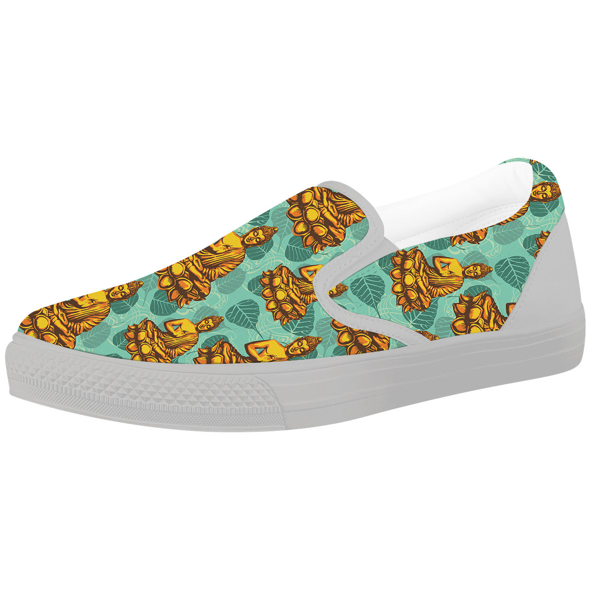 Buddha Sits On The Leaf Print Pattern White Slip On Shoes-grizzshop