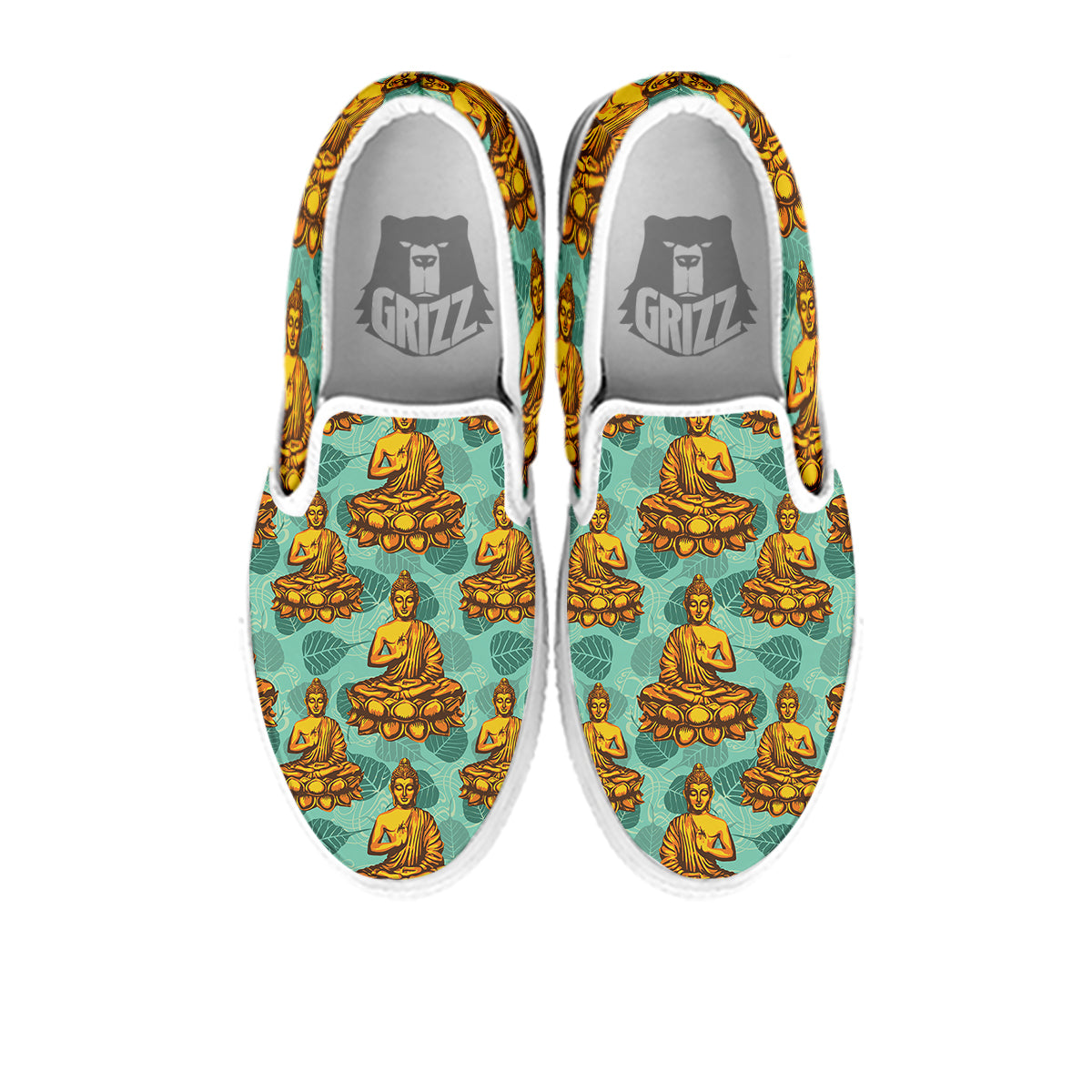 Buddha Sits On The Leaf Print Pattern White Slip On Shoes-grizzshop