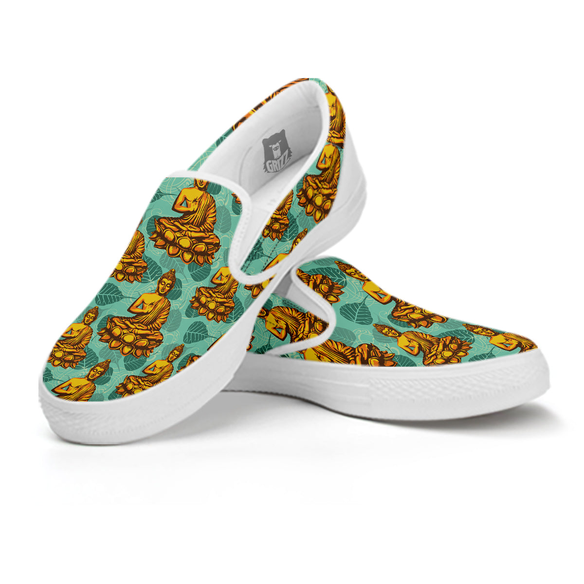 Buddha Sits On The Leaf Print Pattern White Slip On Shoes-grizzshop