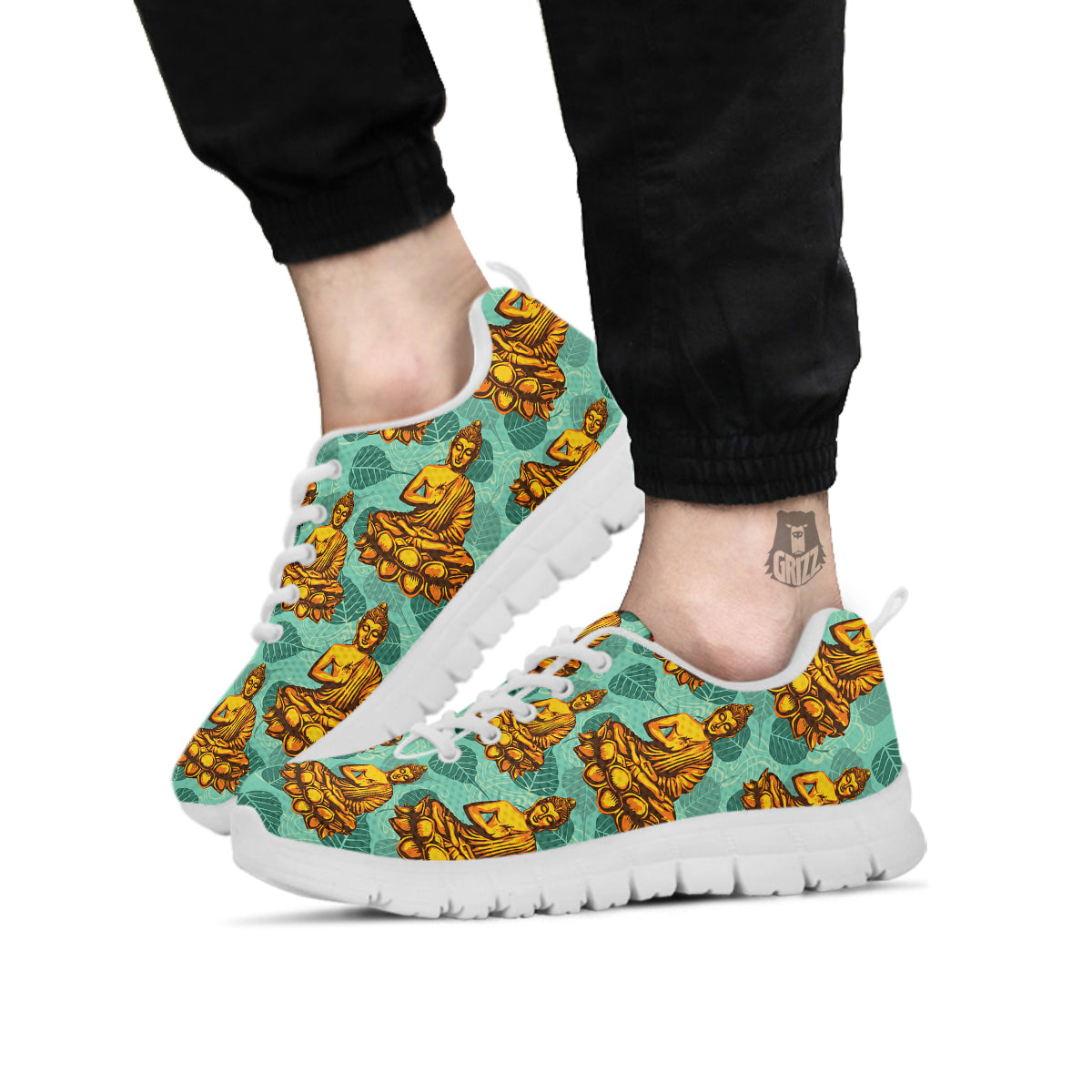 Buddha Sits On The Leaf Print Pattern White Sneaker-grizzshop