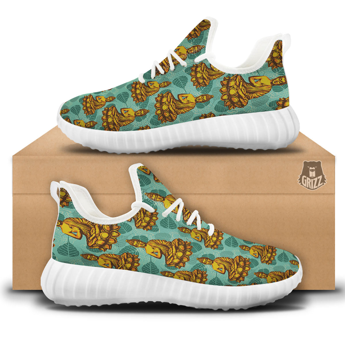 Buddha Sits On The Leaf Print Pattern White Walking Shoes-grizzshop