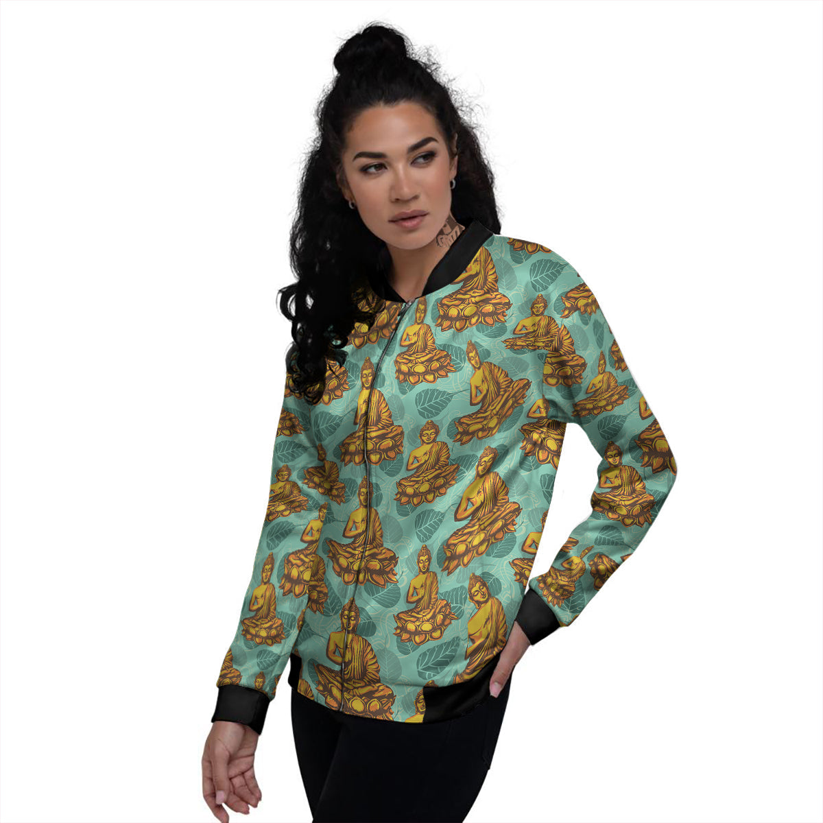 Buddha Sits On The Leaf Print Pattern Women's Bomber Jacket-grizzshop