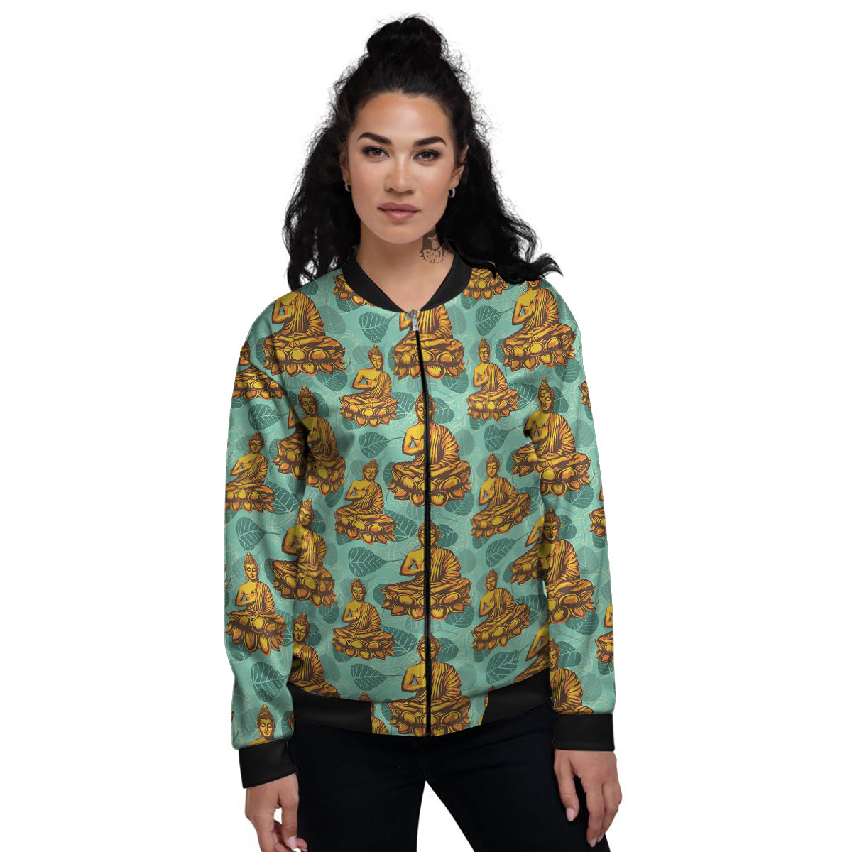 Buddha Sits On The Leaf Print Pattern Women's Bomber Jacket-grizzshop