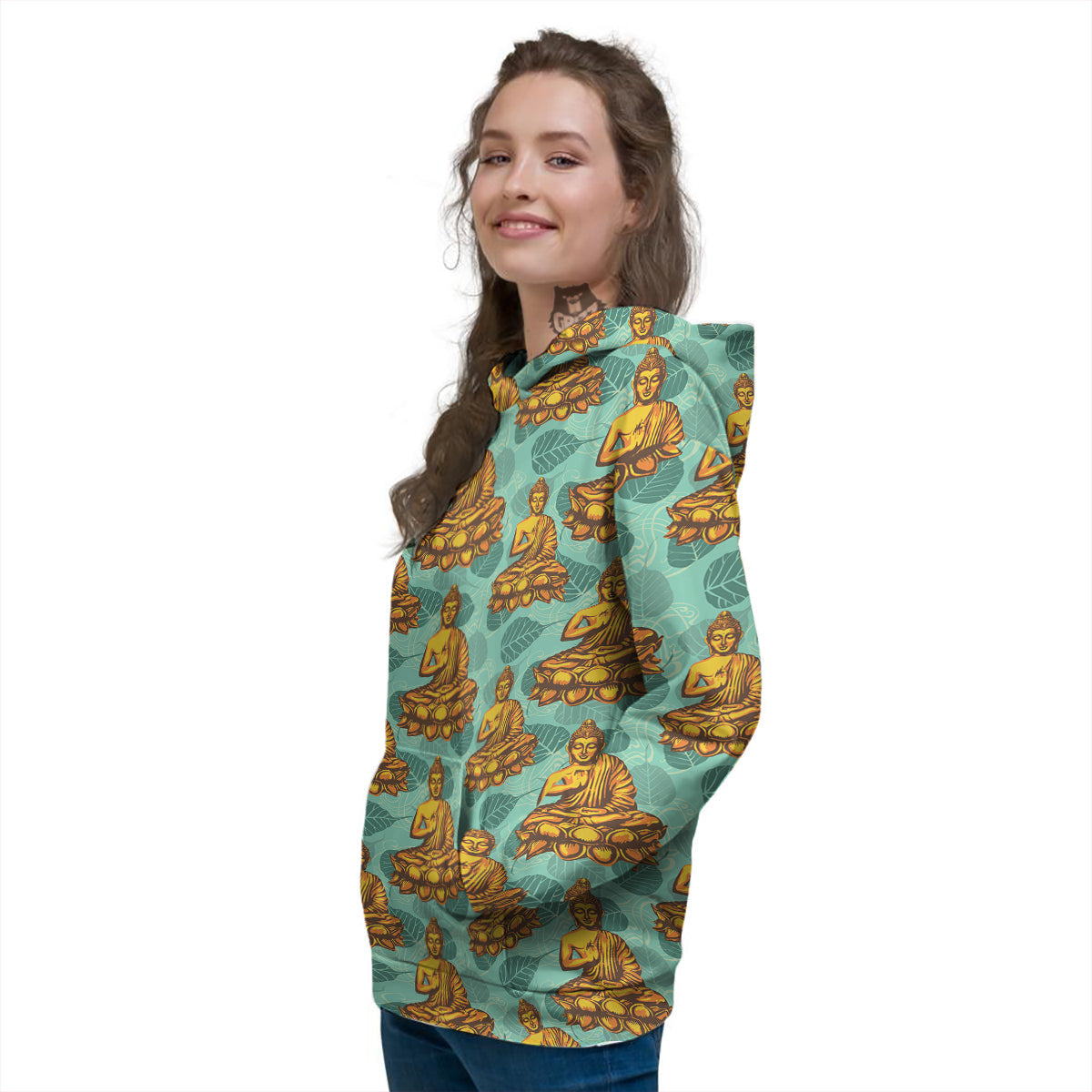 Buddha Sits On The Leaf Print Pattern Women's Hoodie-grizzshop