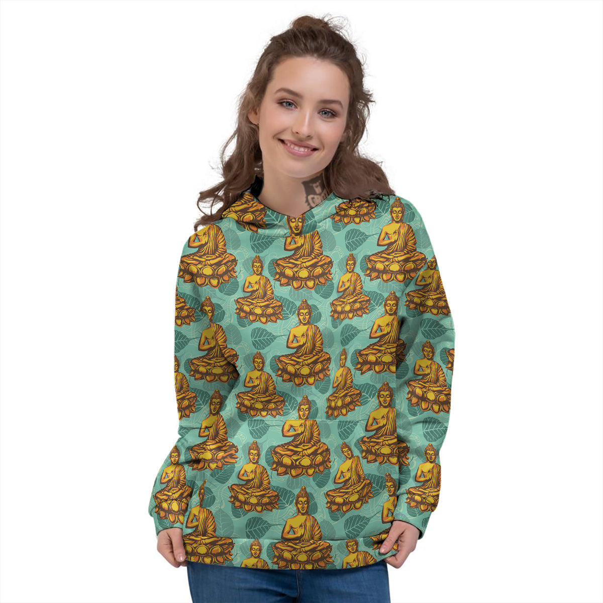 Buddha Sits On The Leaf Print Pattern Women's Hoodie-grizzshop