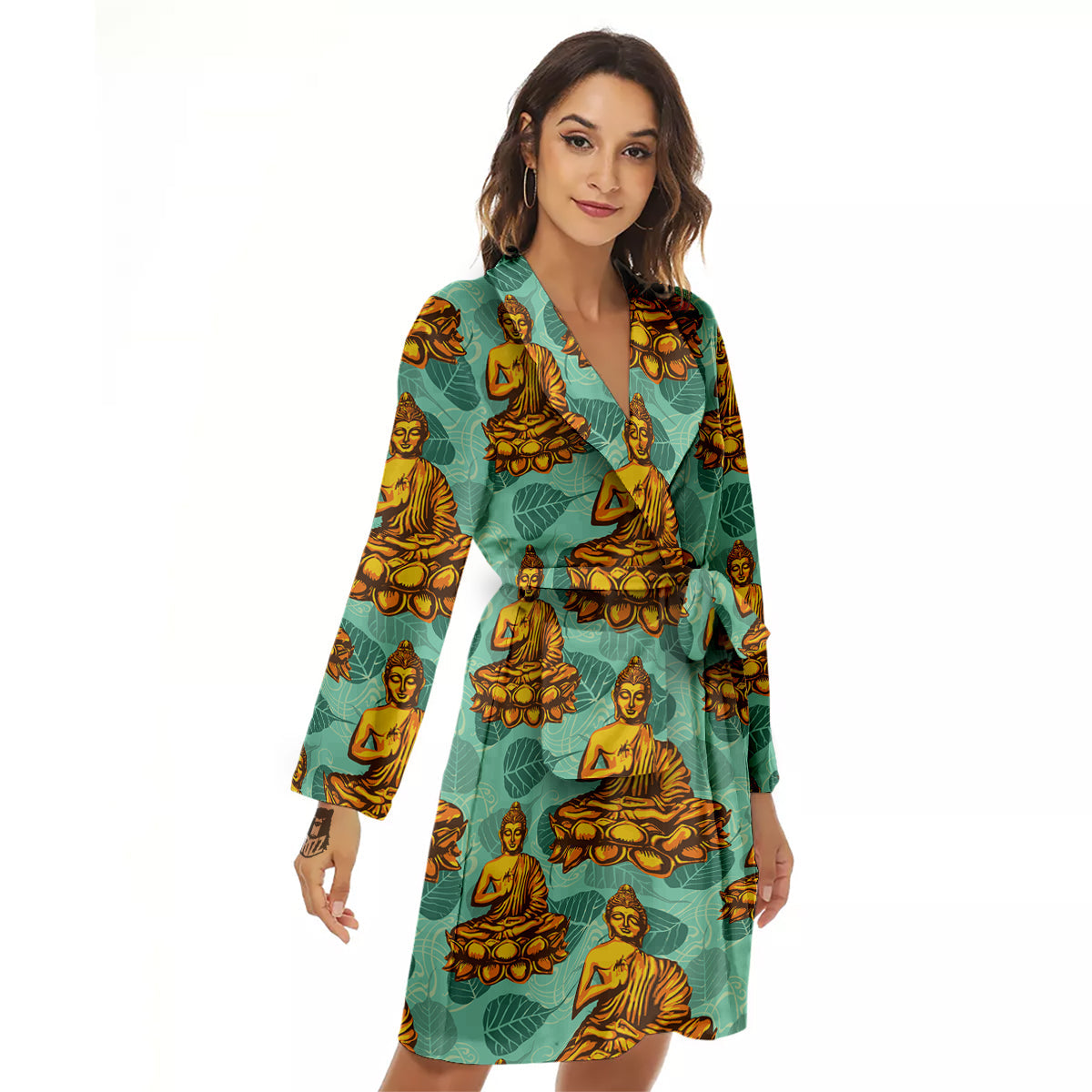 Buddha Sits On The Leaf Print Pattern Women's Robe-grizzshop