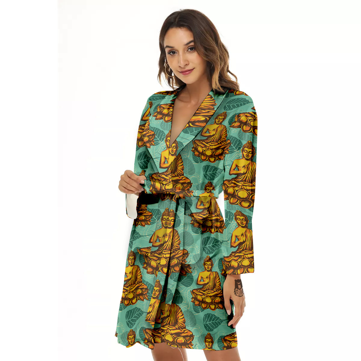 Buddha Sits On The Leaf Print Pattern Women's Robe-grizzshop