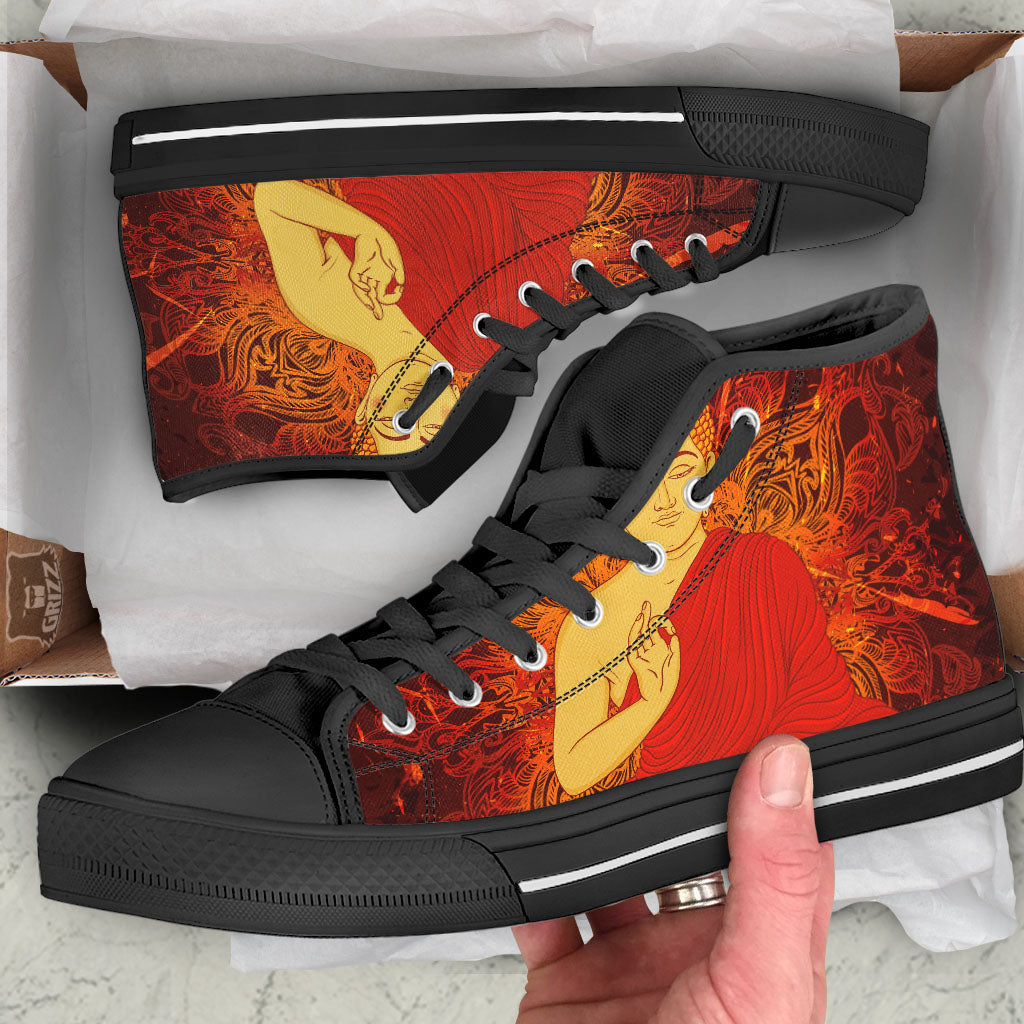 Buddha Statue Vintage Print Black High Top Shoes-grizzshop