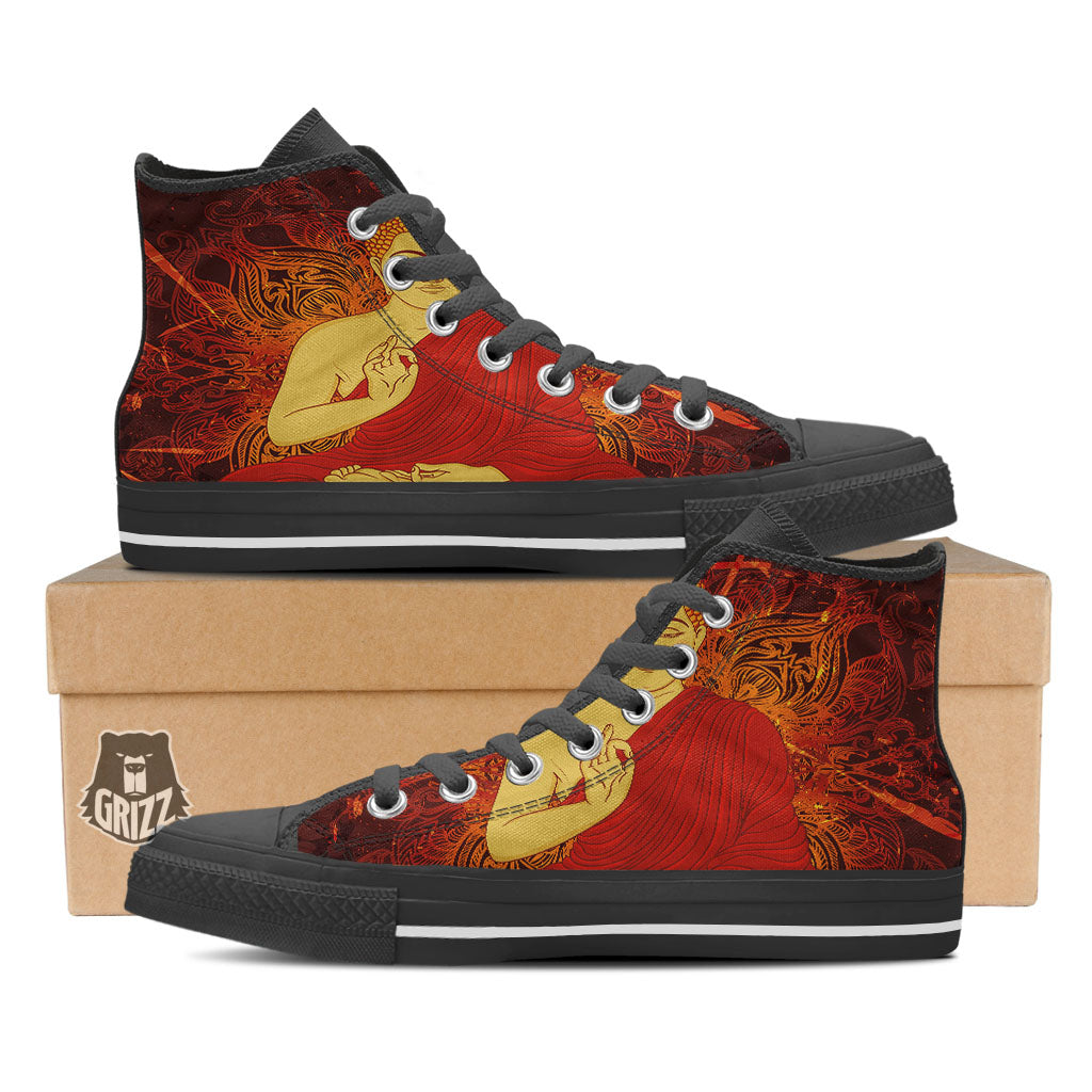 Buddha Statue Vintage Print Black High Top Shoes-grizzshop