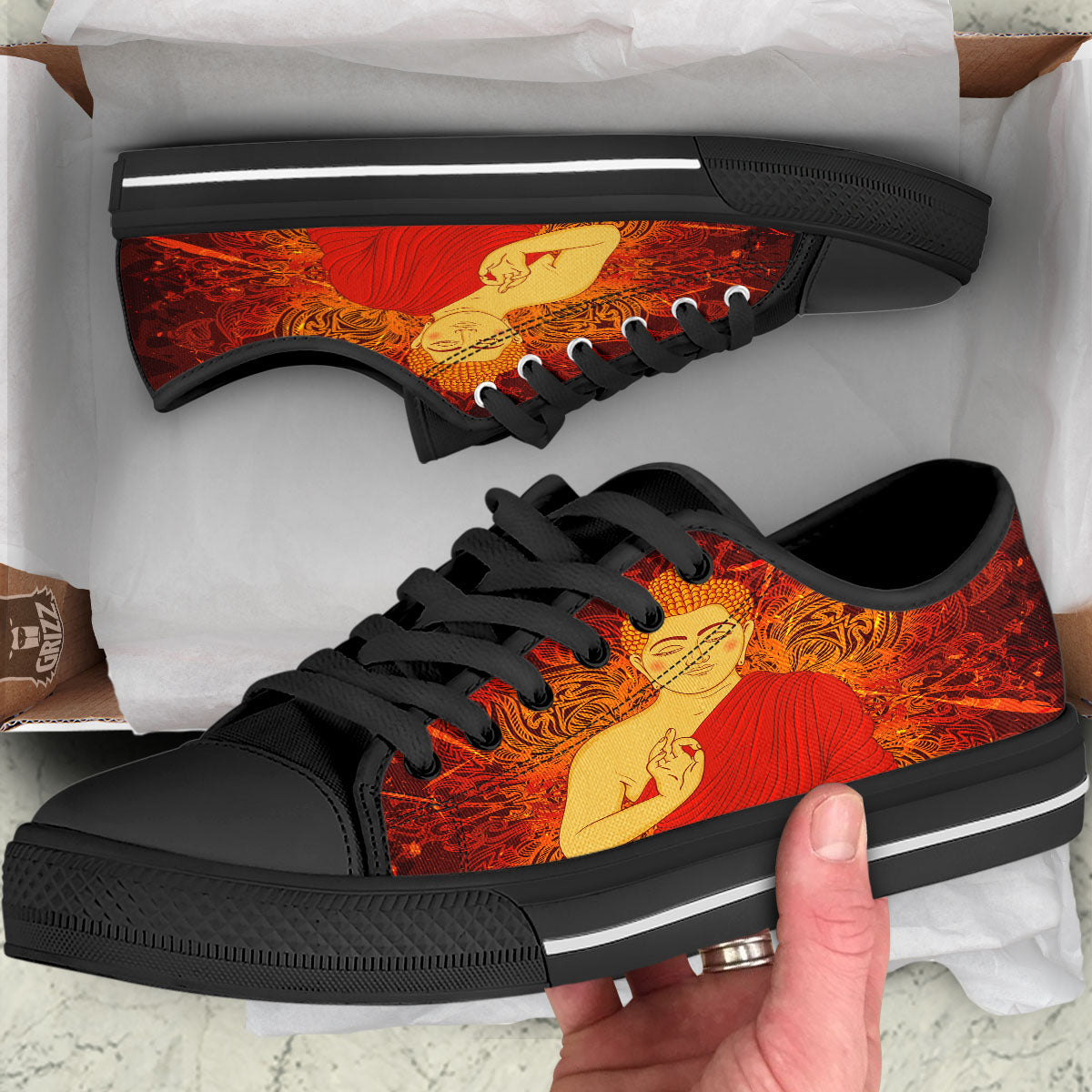 Buddha Statue Vintage Print Black Low Top Shoes-grizzshop