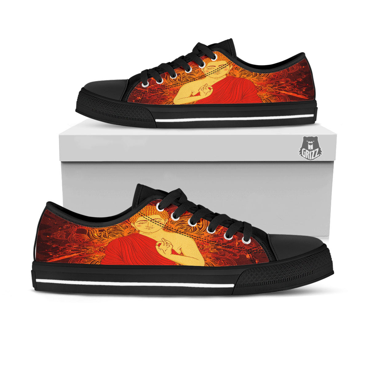 Buddha Statue Vintage Print Black Low Top Shoes-grizzshop
