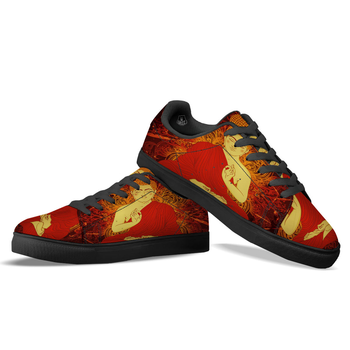 Buddha Statue Vintage Print Black Low Top Sneakers-grizzshop