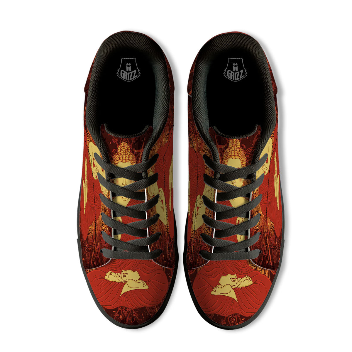 Buddha Statue Vintage Print Black Low Top Sneakers-grizzshop