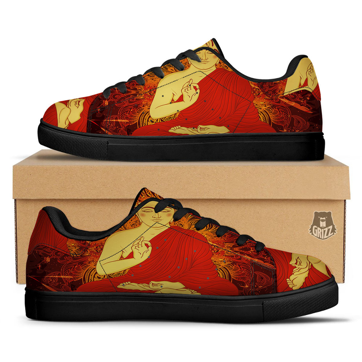 Buddha Statue Vintage Print Black Low Top Sneakers-grizzshop