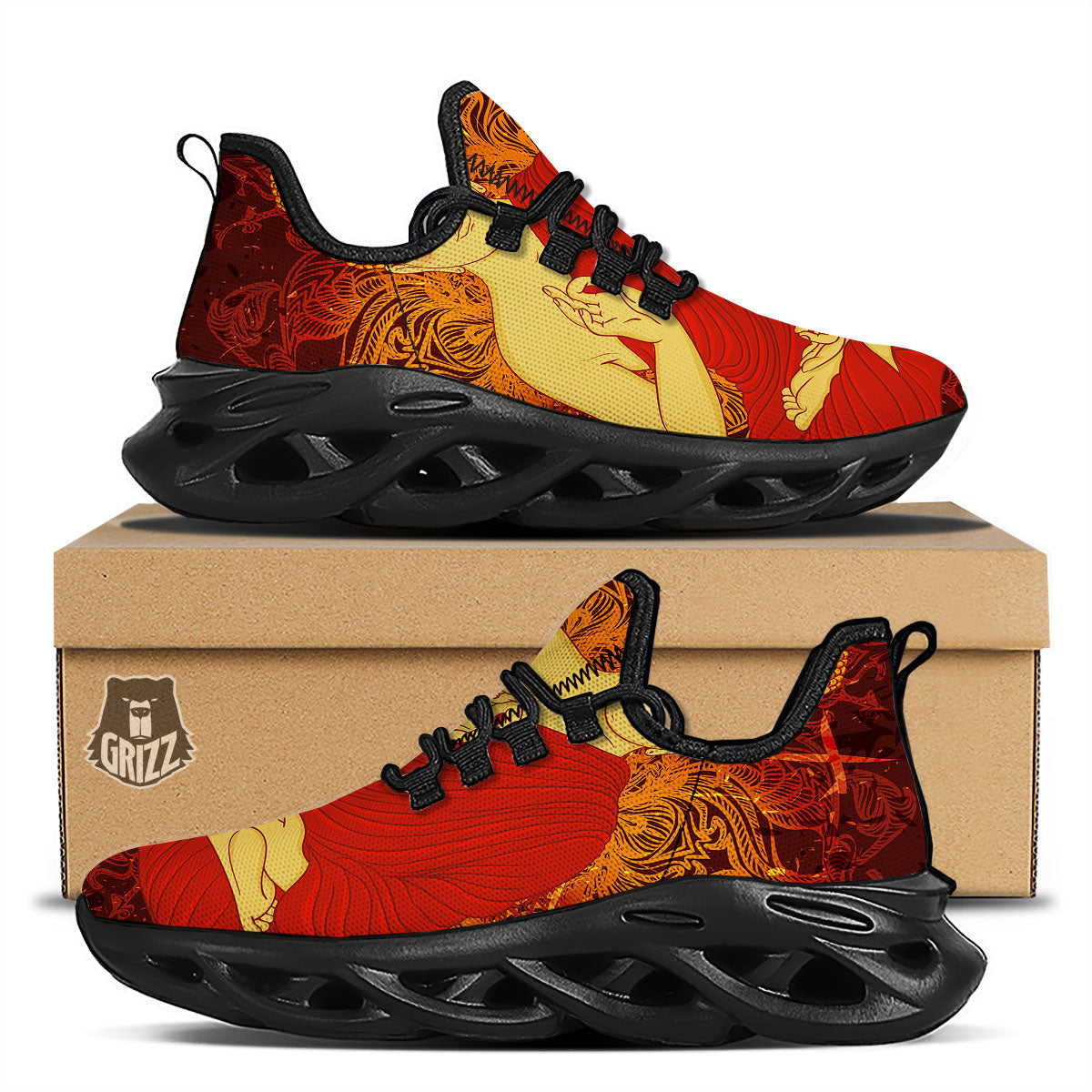 Buddha Statue Vintage Print Black Running Shoes-grizzshop