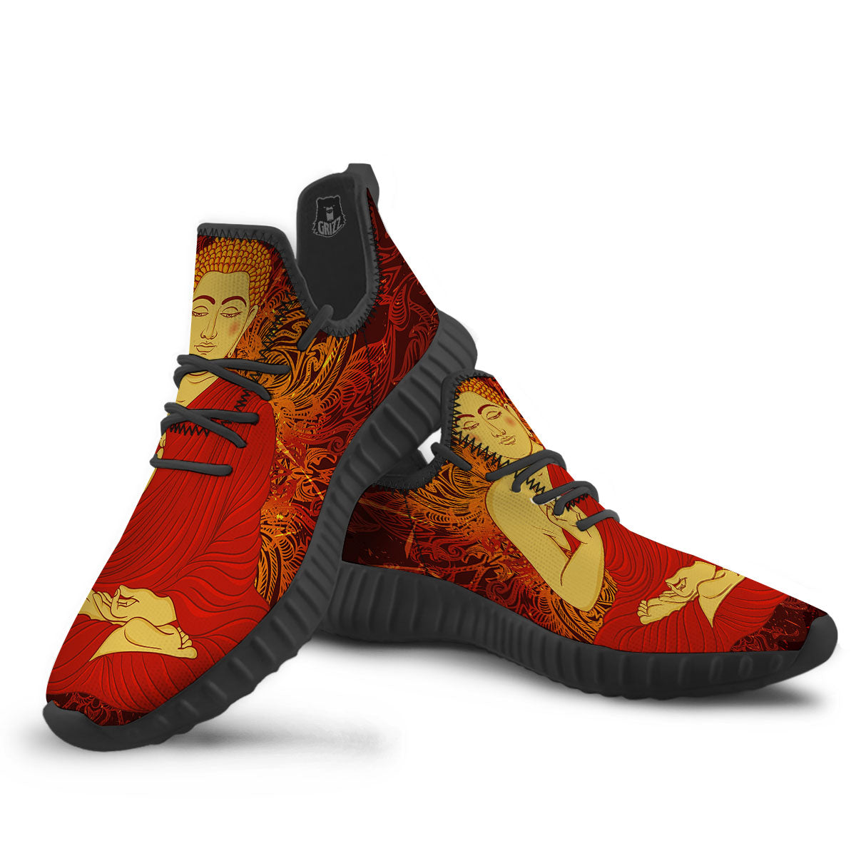 Buddha Statue Vintage Print Black Walking Shoes-grizzshop